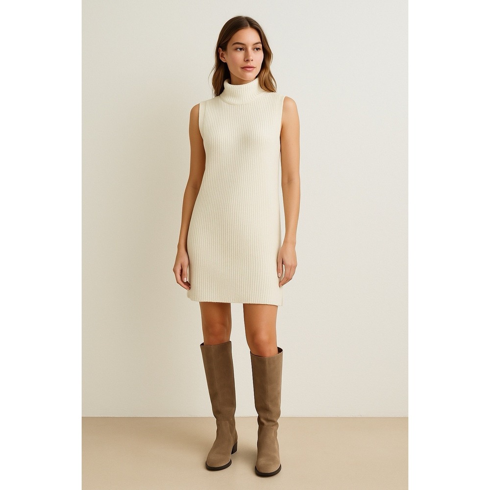 H M Sweater‎ Dress Womens XS Ribbed Slit Mock Neck Minimalist Clean Girl